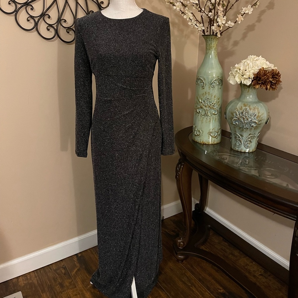 Ralph Lauren Silver Metallic Ruched Long Sleeve Dress